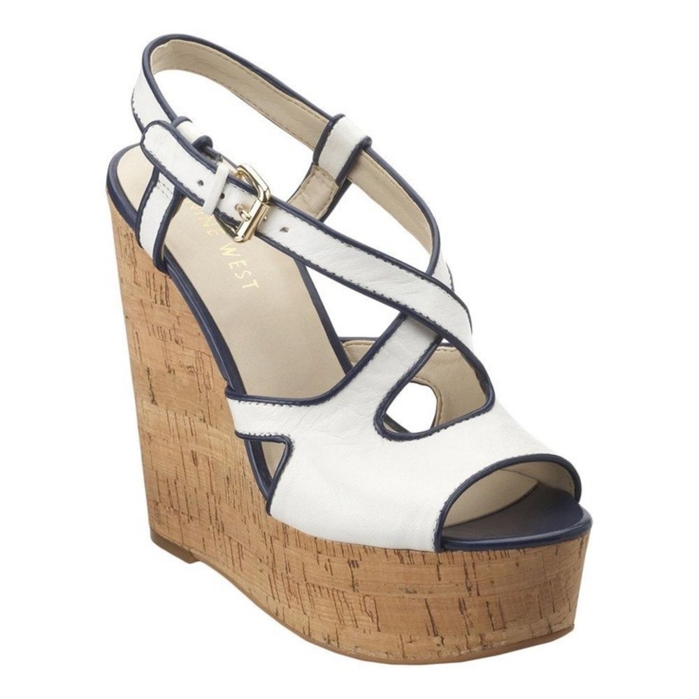 NINE WEST BOUSHIE PLATFORM WEDGES - WHITE & NAVY BLUE